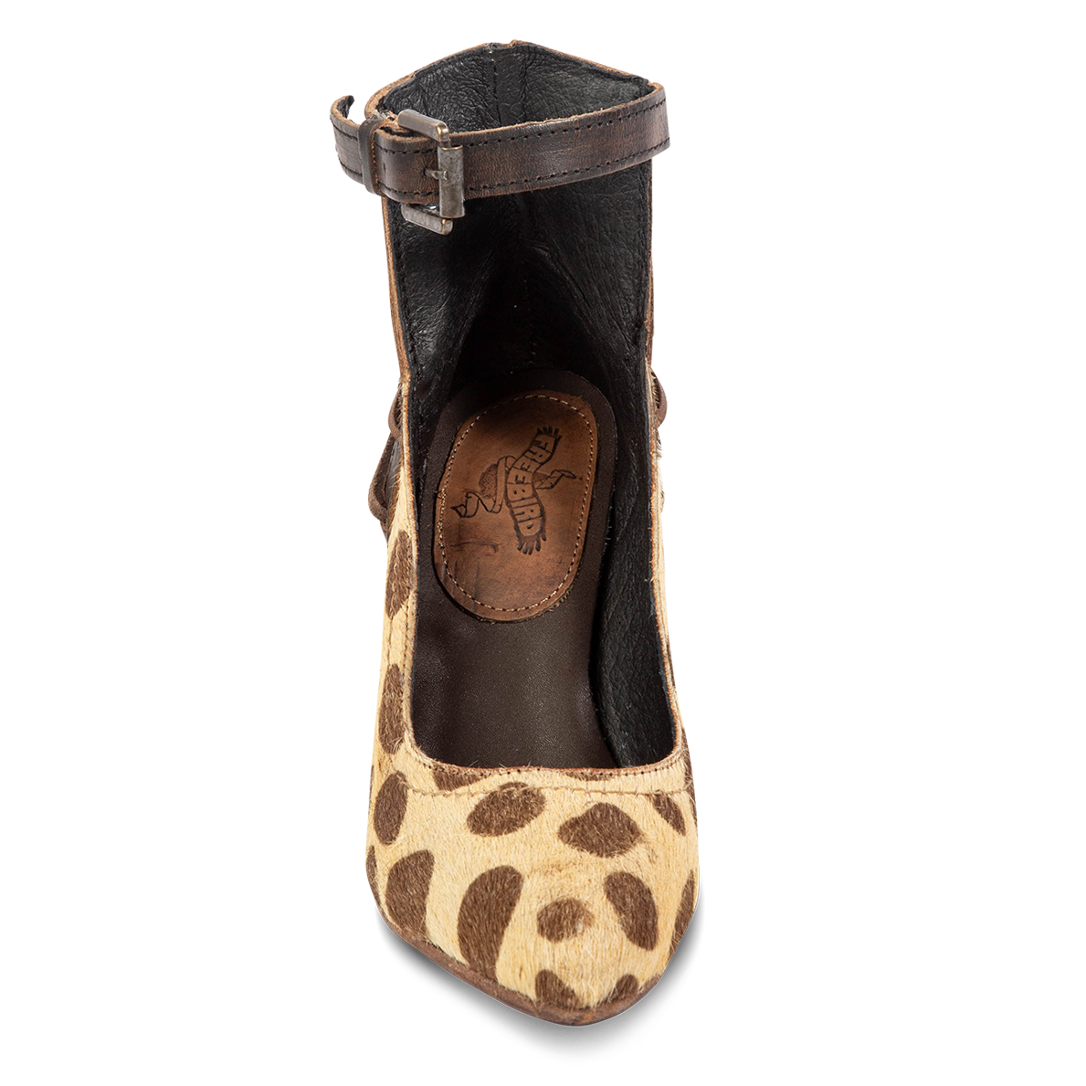 Front view showing open construction and pointed toe with adjustable leather ankle strap on FREEBIRD women's Jillian leopard heeled shoe