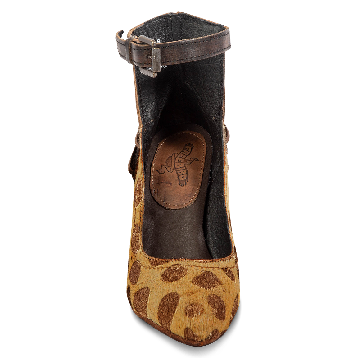 Front view showing open construction and pointed toe with adjustable leather ankle strap on FREEBIRD women's Jillian leopard heeled shoe