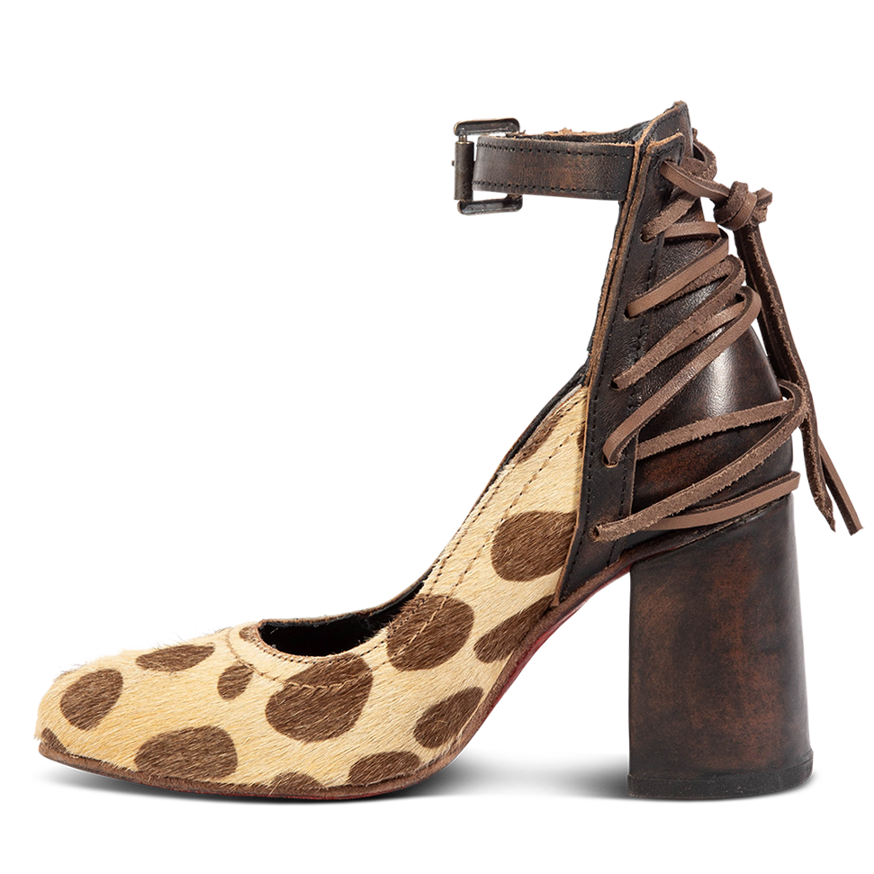 Inside view showing leather wrapped heel and brown leather lacing on FREEBIRD women's Jillian leopard heeled shoe