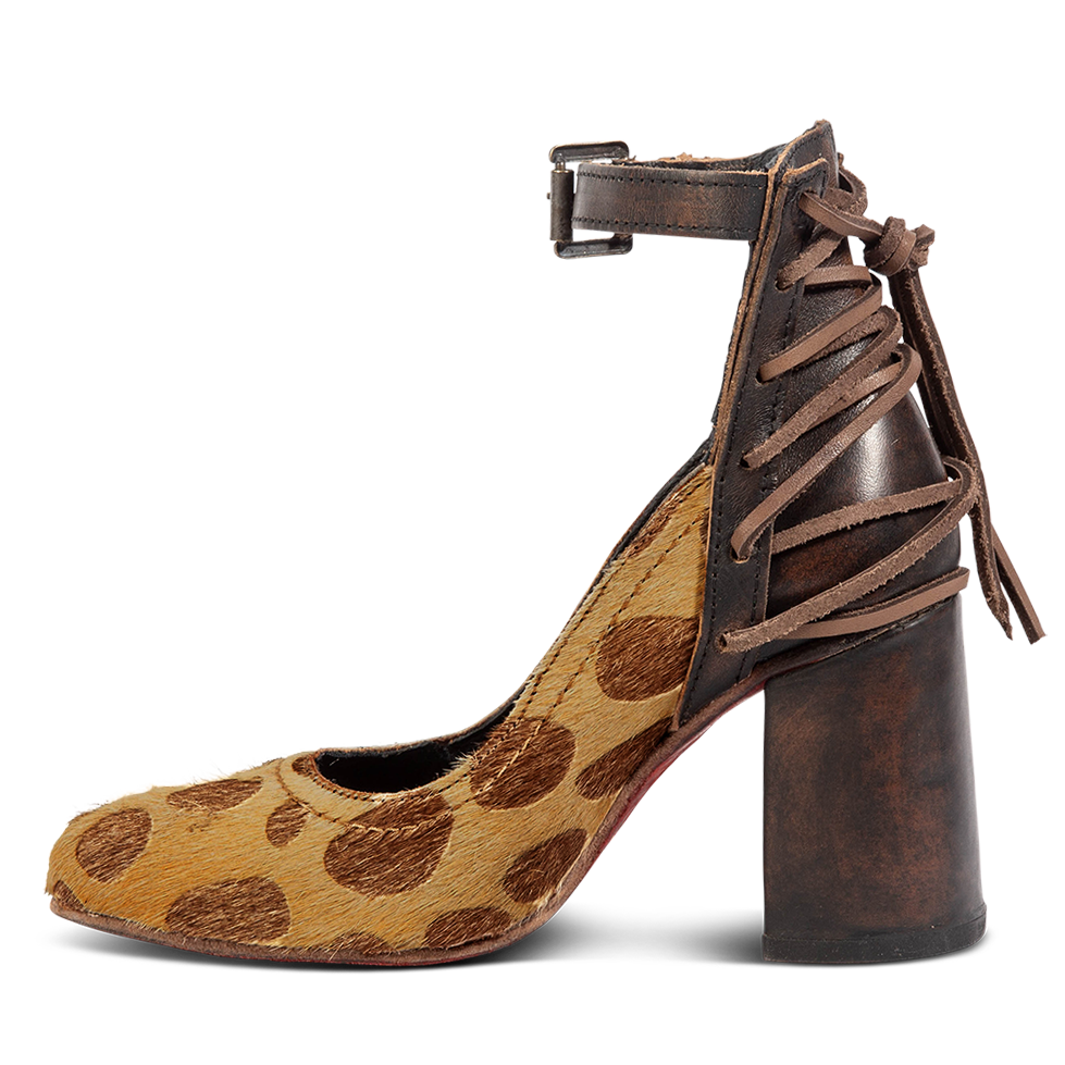 Inside view showing leather wrapped heel and brown leather lacing on FREEBIRD women's Jillian leopard heeled shoe