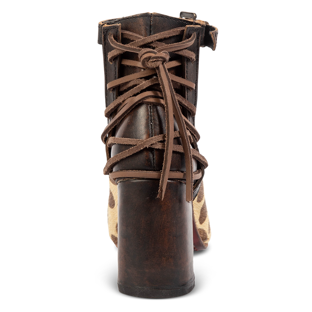Back view showing brown leather lacing and leather wrapped heel on FREEBIRD women's Jillian leopard shoe