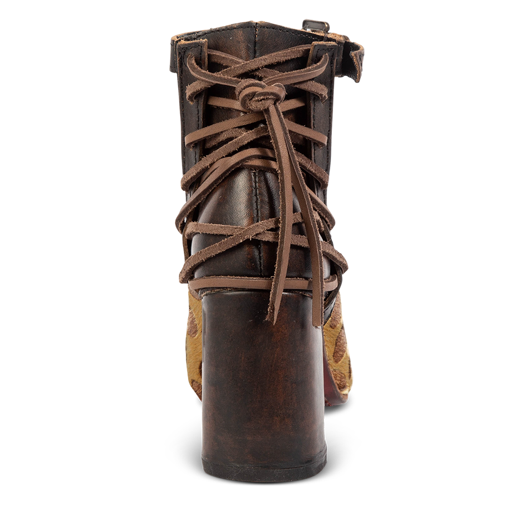 Back view showing brown leather lacing and leather wrapped heel on FREEBIRD women's Jillian leopard shoe