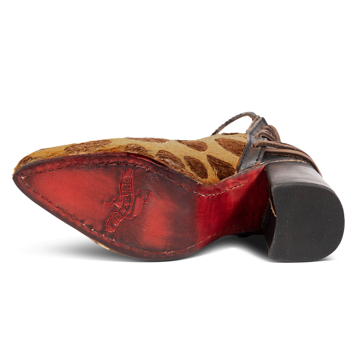 Red leather sole imprinted with FREEBIRD on women's Jillian leopard heeled shoe