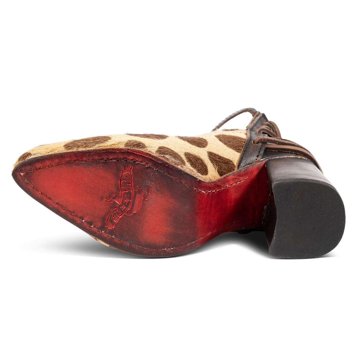 Red leather sole imprinted with FREEBIRD on women's Jillian leopard heeled shoe