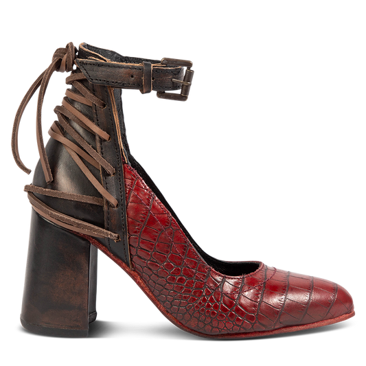 FREEBIRD women's Jillian red croco pointed toe open construction heeled shoe with detailed back lacing and adjustable ankle strap