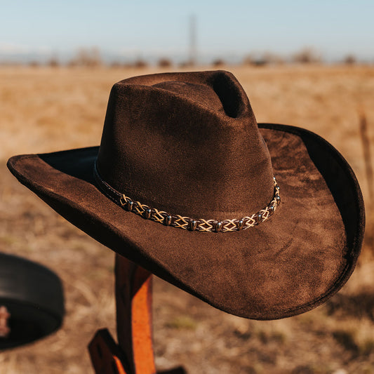 FREEBIRD Jones beige western cowboy hat featuring teardrop crown, upturned-brim, and braided leather band