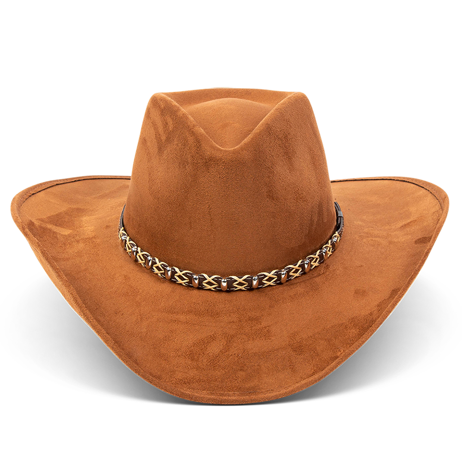 FREEBIRD Jones rust western cowboy hat featuring teardrop crown, upturned-brim, and braided leather band detailed view
