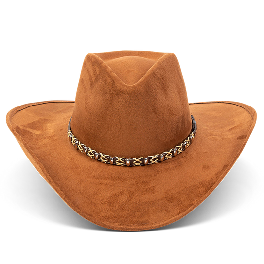 FREEBIRD Jones rust western cowboy hat featuring teardrop crown, upturned-brim, and braided leather band detailed view