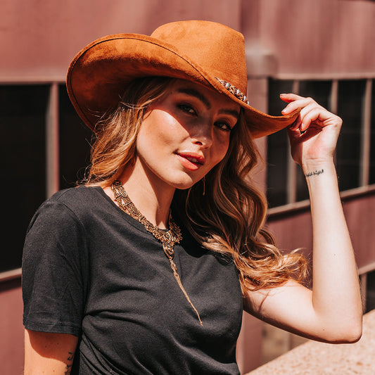 FREEBIRD Jones rust western cowboy hat featuring teardrop crown, upturned-brim, and braided leather band lifestyle