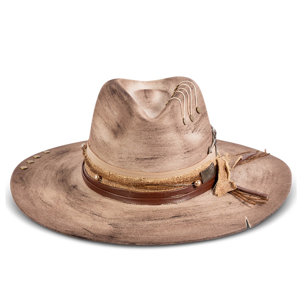 FREEBIRD Jonny grey wool hat with a flat brim construction, tear pinch crown and brim decor