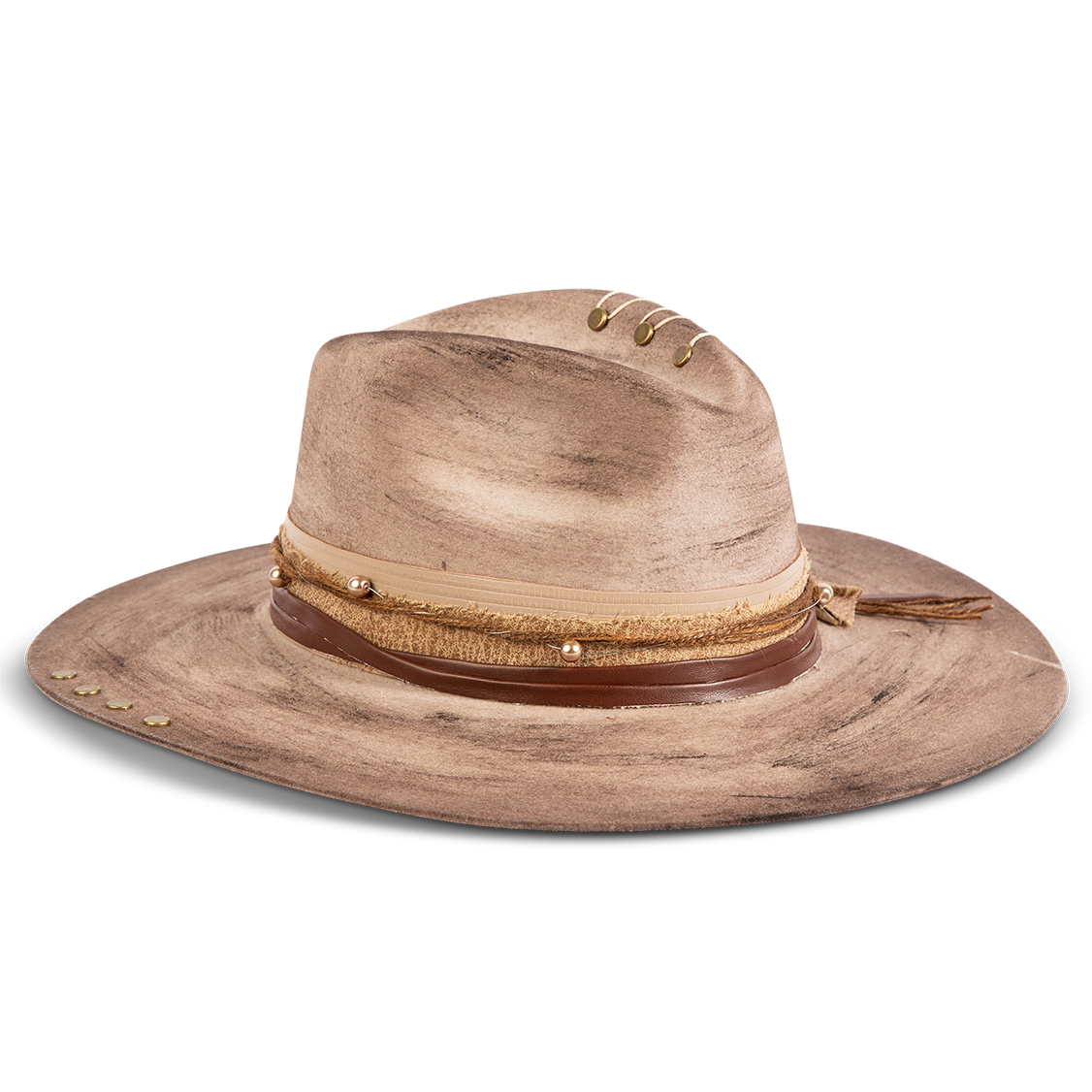 Side view showing FREEBIRD Jonny grey wool hat with a flat brim construction, tear pinch crown and brim decor