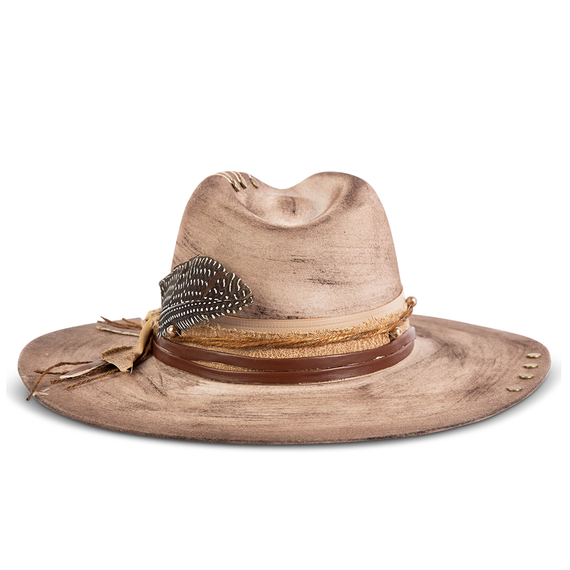 Back view showing FREEBIRD Jonny grey wool hat with a flat brim construction, tear pinch crown and brim decor
