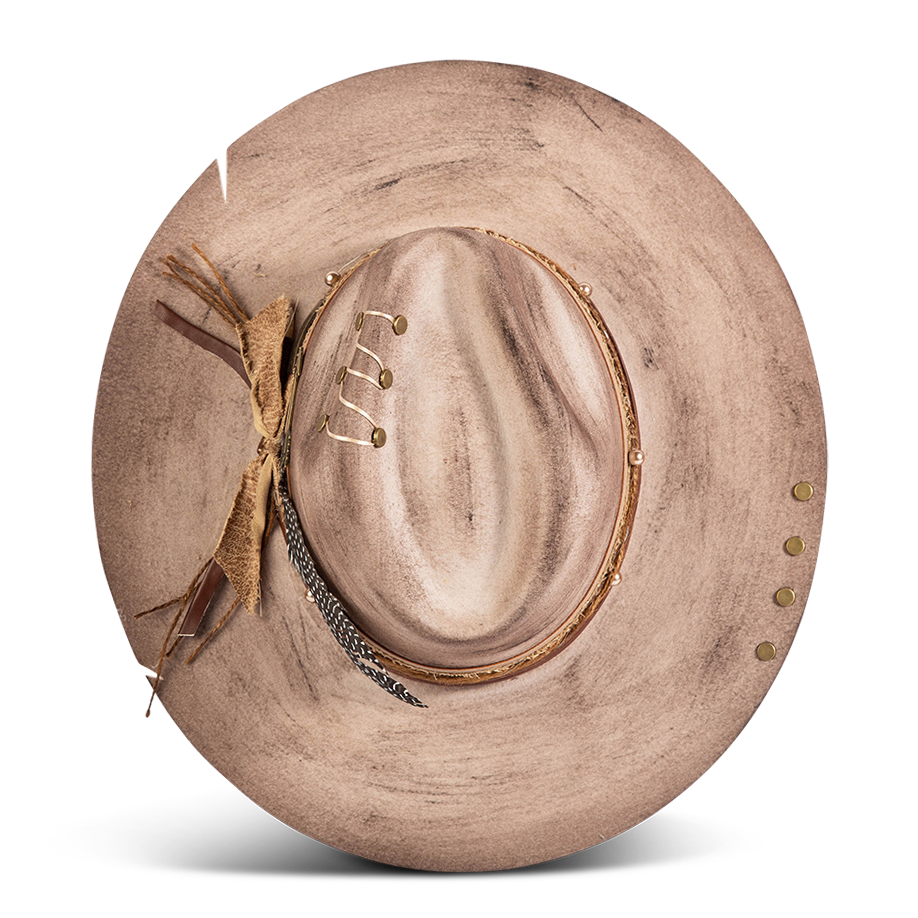 Top view showing FREEBIRD Jonny grey wool hat with a flat brim construction, tear pinch crown and brim decor