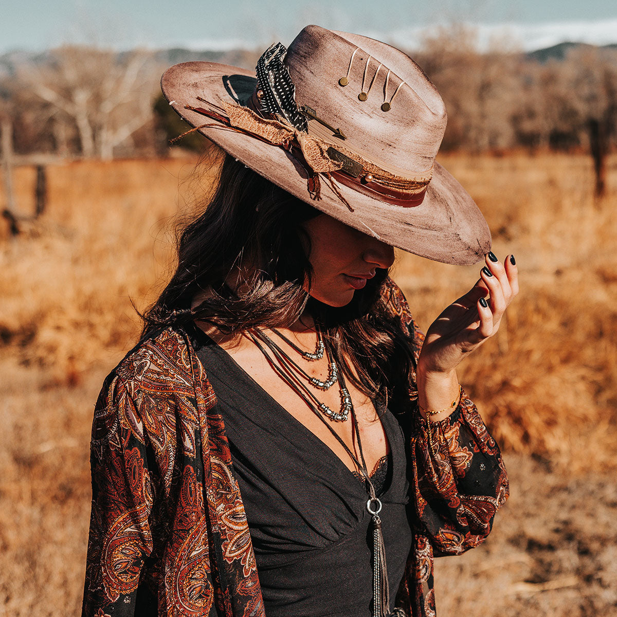FREEBIRD Jonny grey wool hat with a flat brim construction, tear pinch crown and brim decor lifestyle