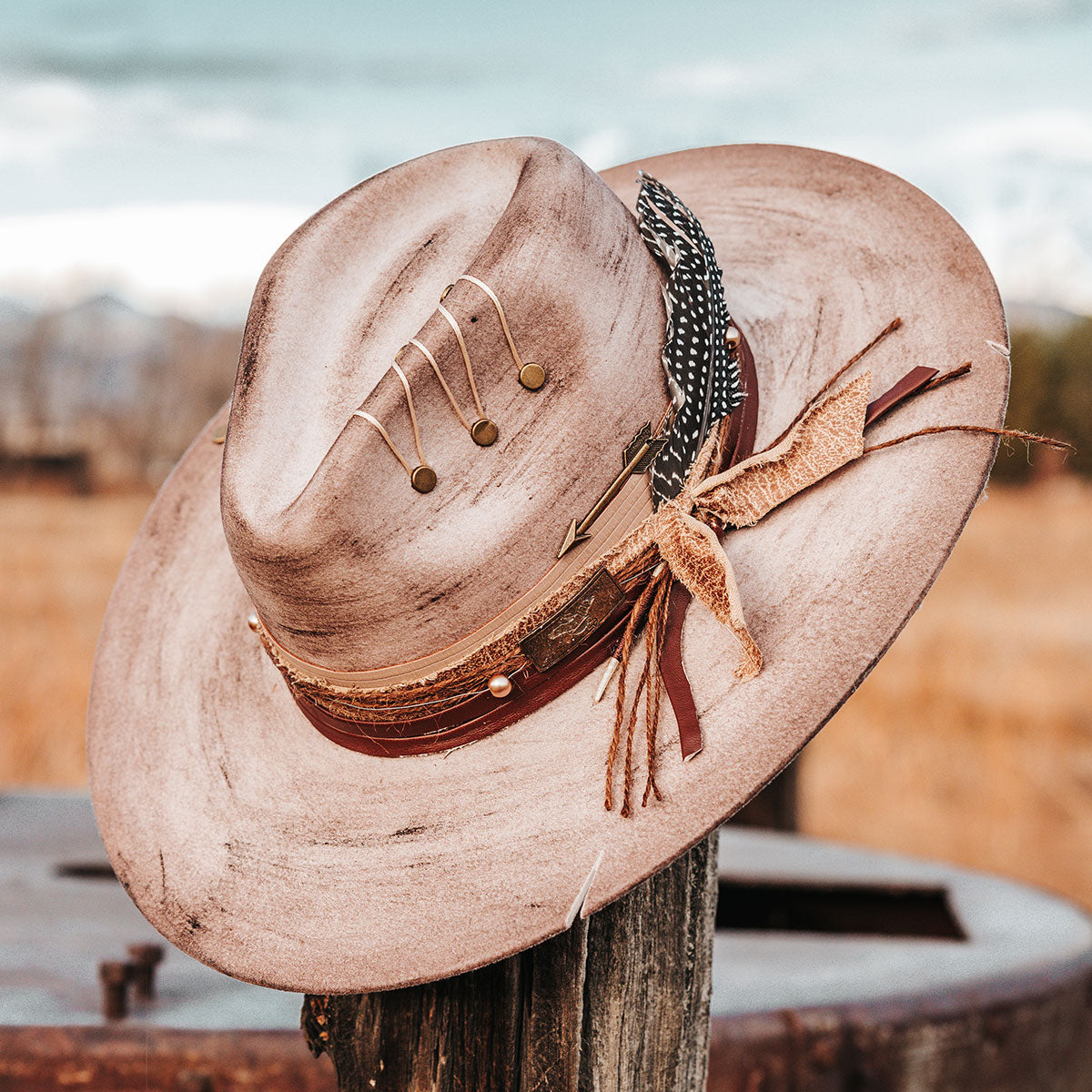 FREEBIRD Jonny grey wool hat with a flat brim construction, tear pinch crown and brim decor lifestyle