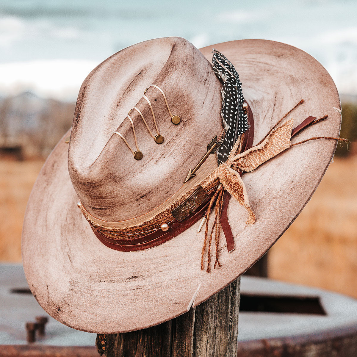 FREEBIRD Jonny grey wool hat with a flat brim construction, tear pinch crown and brim decor