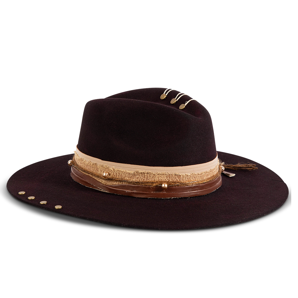 Side view showing FREEBIRD Jonny purple wool hat with a flat brim construction, tear pinch crown and brim decor