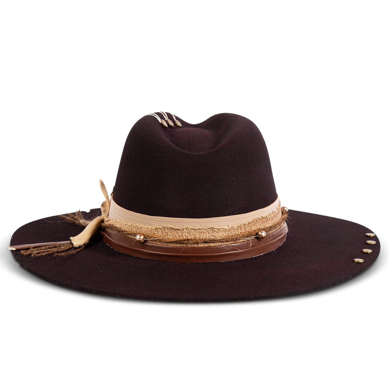 Back view showing FREEBIRD Jonny purple wool hat with a flat brim construction, tear pinch crown and brim decor