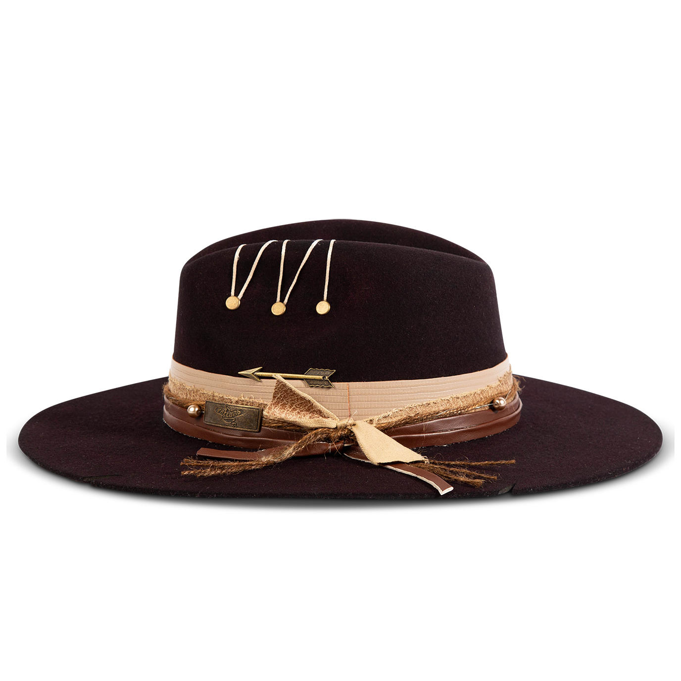 Side view showing FREEBIRD Jonny purple wool hat with a flat brim construction, tear pinch crown and brim decor