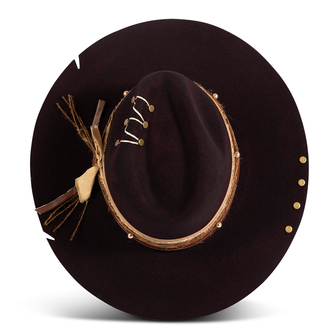 Top view showing FREEBIRD Jonny purple wool hat with a flat brim construction, tear pinch crown and brim decor