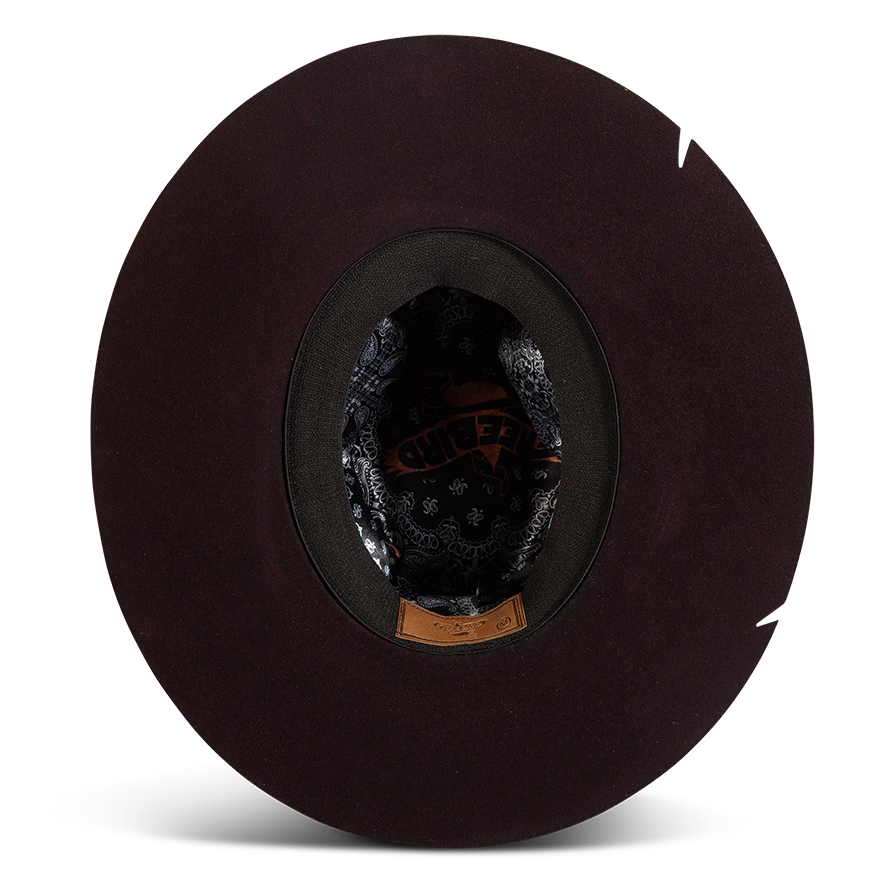 Bottom view showing FREEBIRD Jonny purple wool hat with an inner elastic sweatband