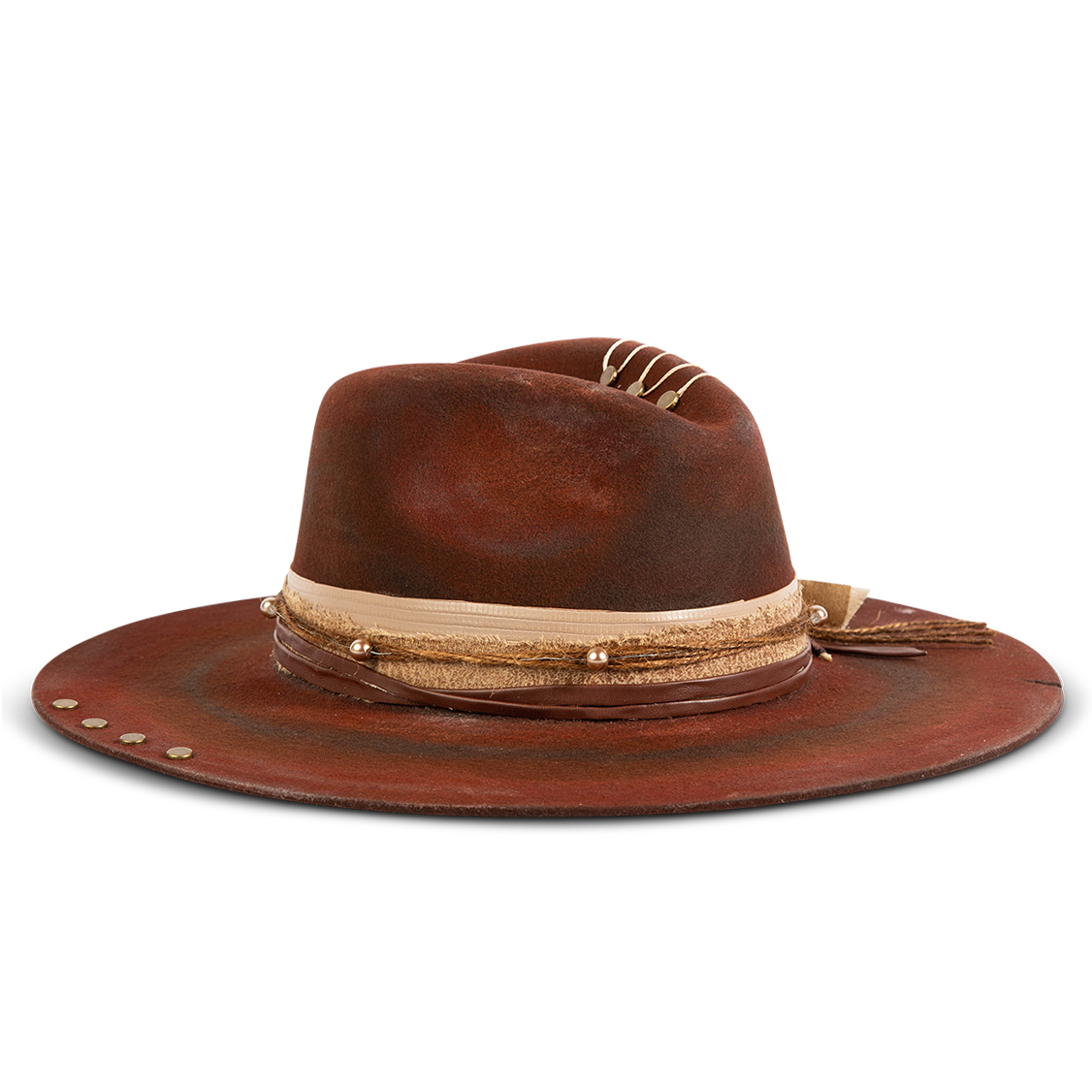 Side view showing FREEBIRD Jonny red wool hat with a flat brim construction, tear pinch crown and brim decor