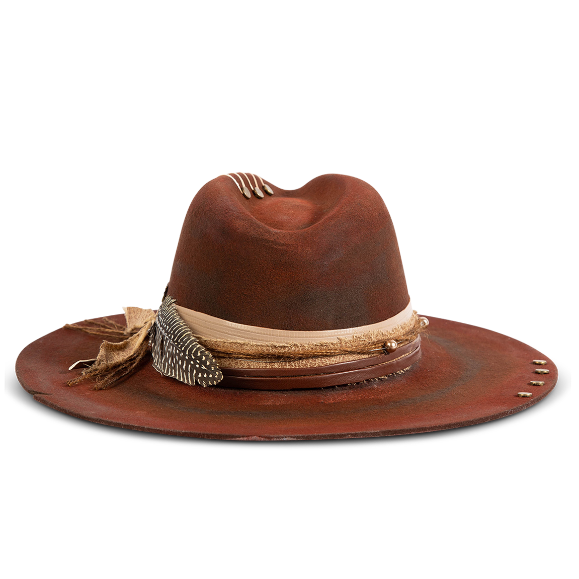 Back view showing FREEBIRD Jonny red wool hat with a flat brim construction, tear pinch crown and brim decor