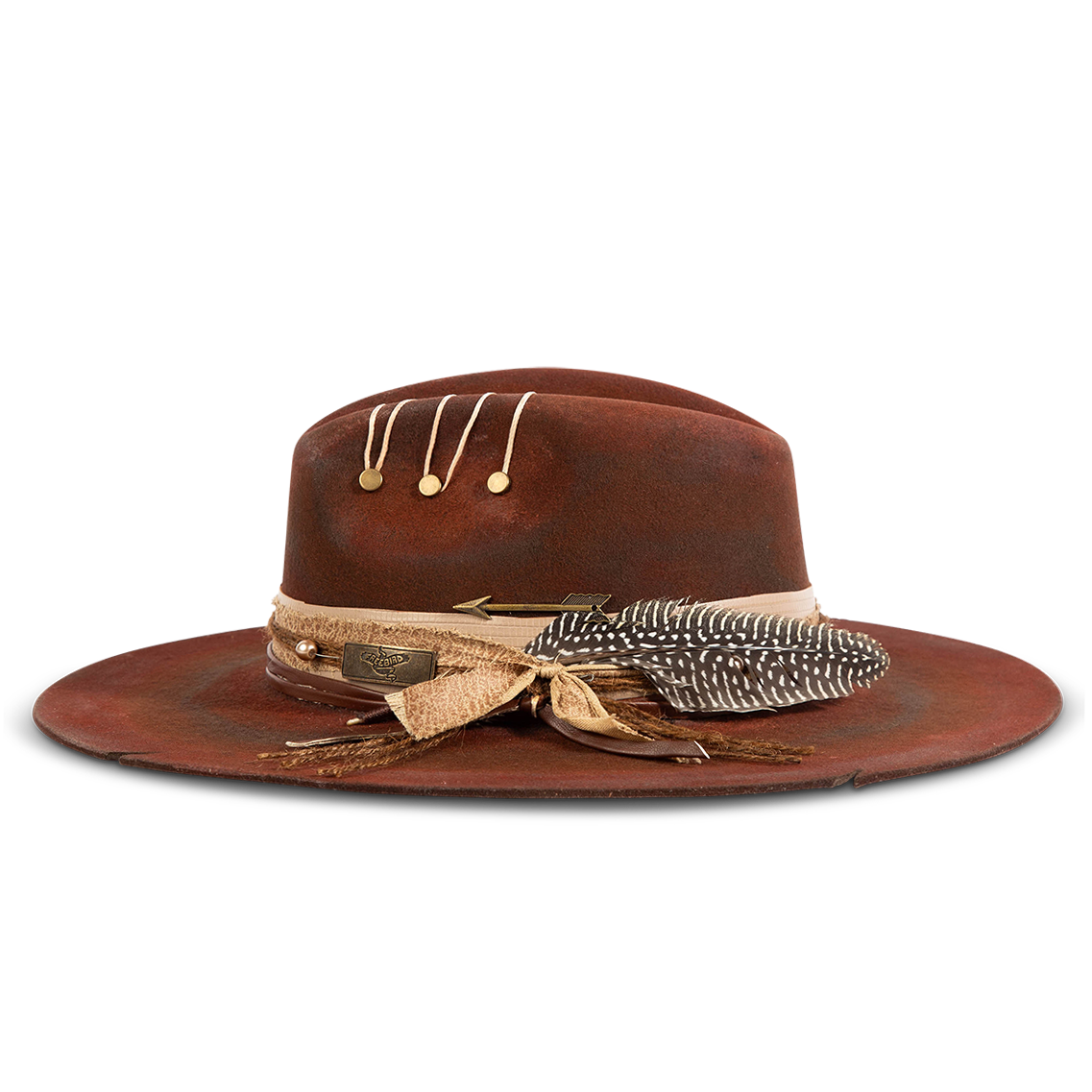 Side view showing FREEBIRD Jonny red wool hat with a flat brim construction, tear pinch crown and brim decor