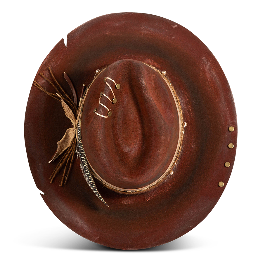 Top view showing FREEBIRD Jonny red wool hat with a flat brim construction, tear pinch crown and brim decor