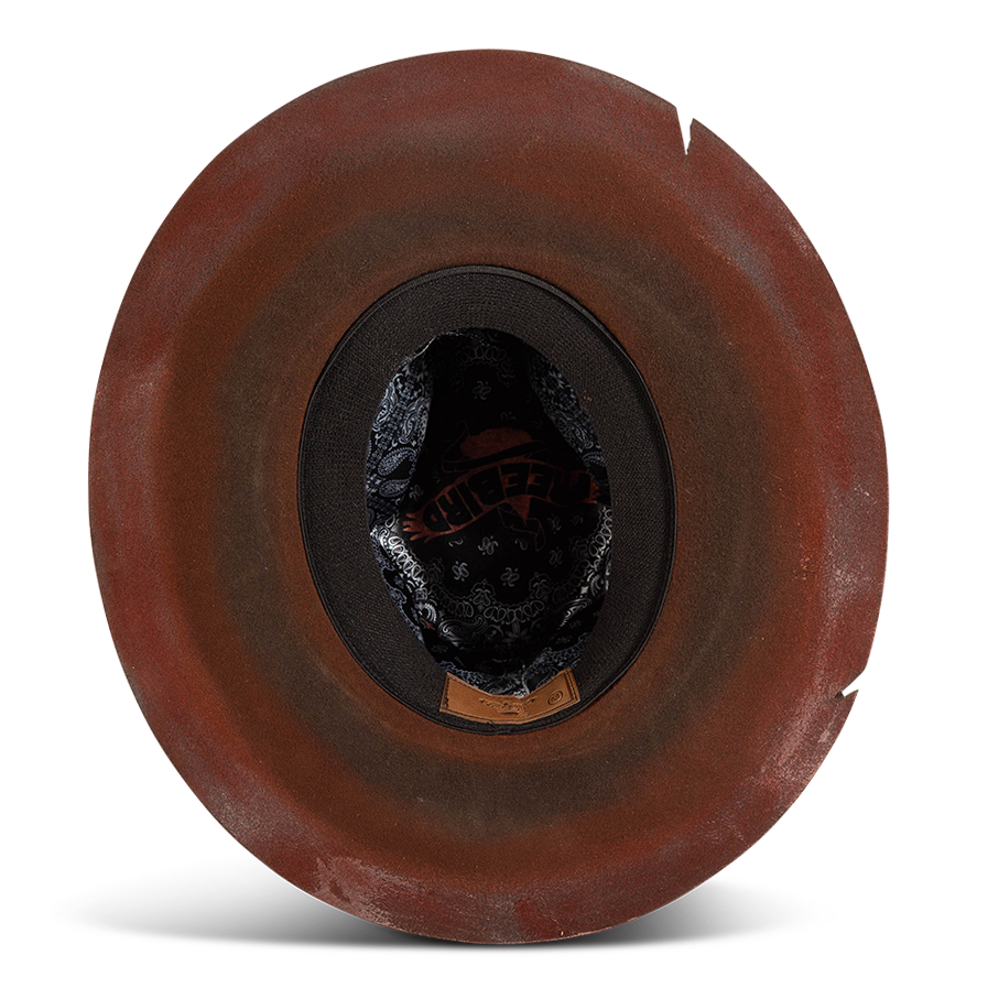 Bottom view showing FREEBIRD Jonny red wool hat with an inner elastic sweatband