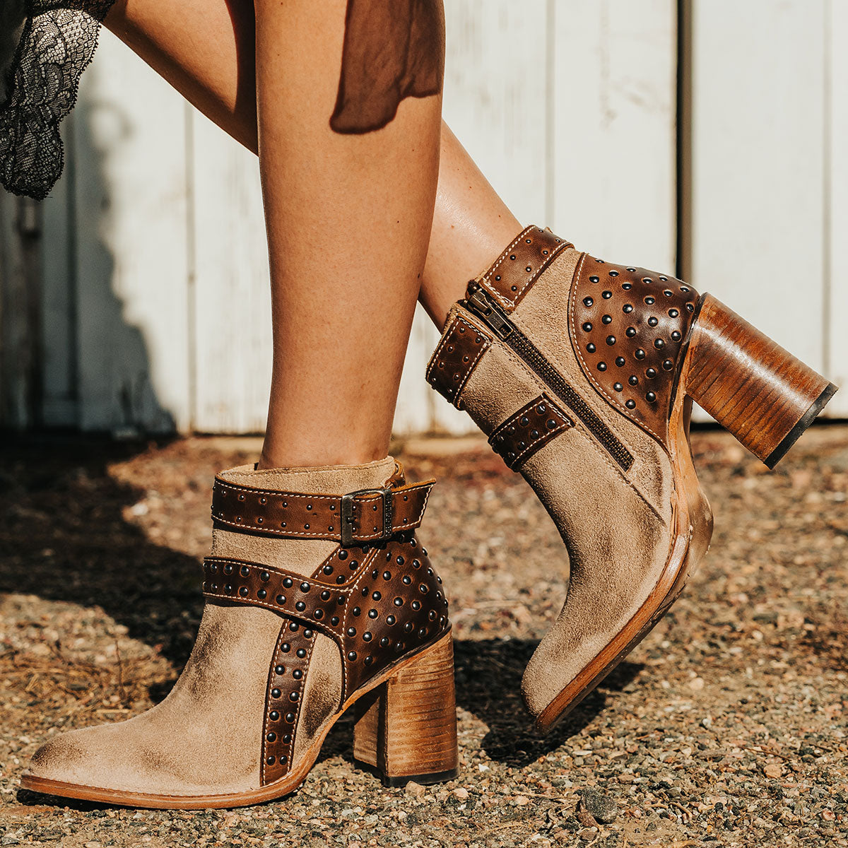 FREEBIRD women's Jovi beige suede bootie with inside zip closure, flare heel, and stud detailing 