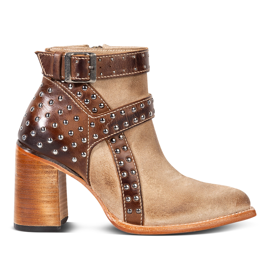 FREEBIRD women's Jovi beige suede bootie with inside zip closure, flare heel, and stud detailing 