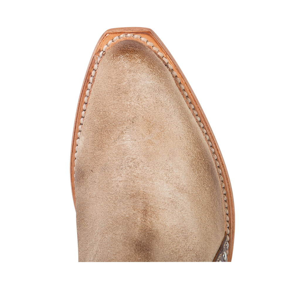 Top view showing pointed toe construction on FREEBIRD women's Jovi beige suede bootie