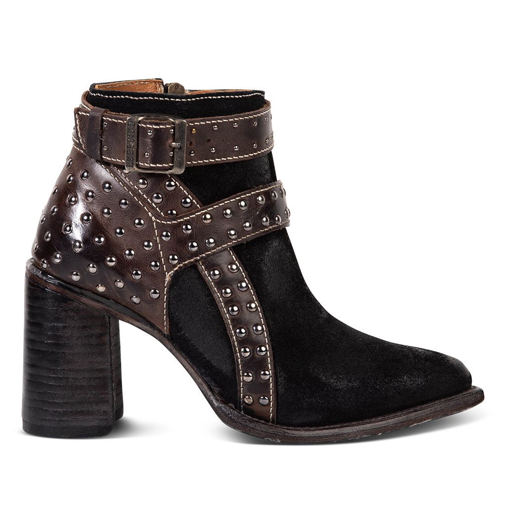 FREEBIRD women's Jovi black suede bootie with inside zip closure, flare heel, and stud detailing 