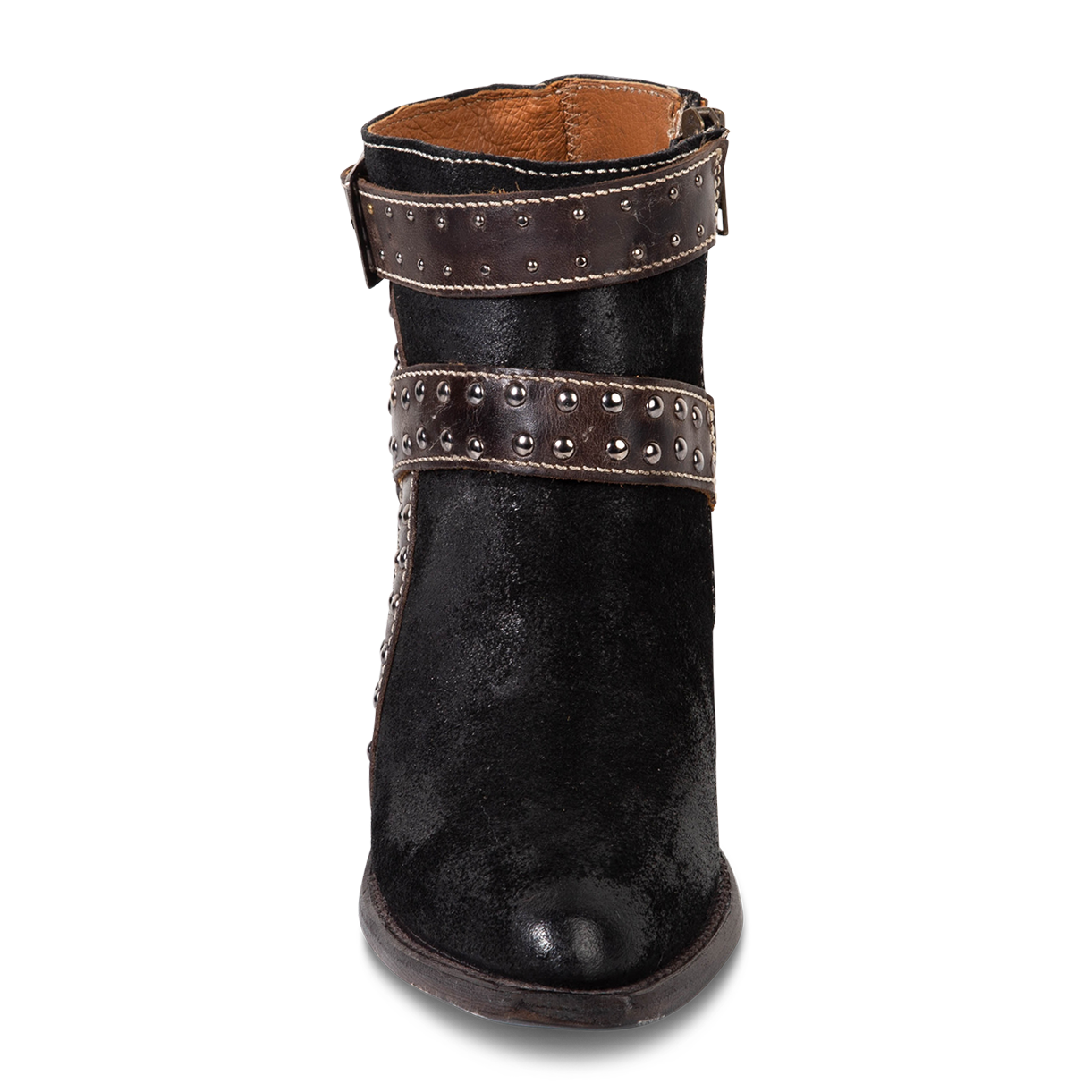 Front view showing contrasting solid leather straps with silver stud detailing on FREEBIRD women's Jovi black suede bootie