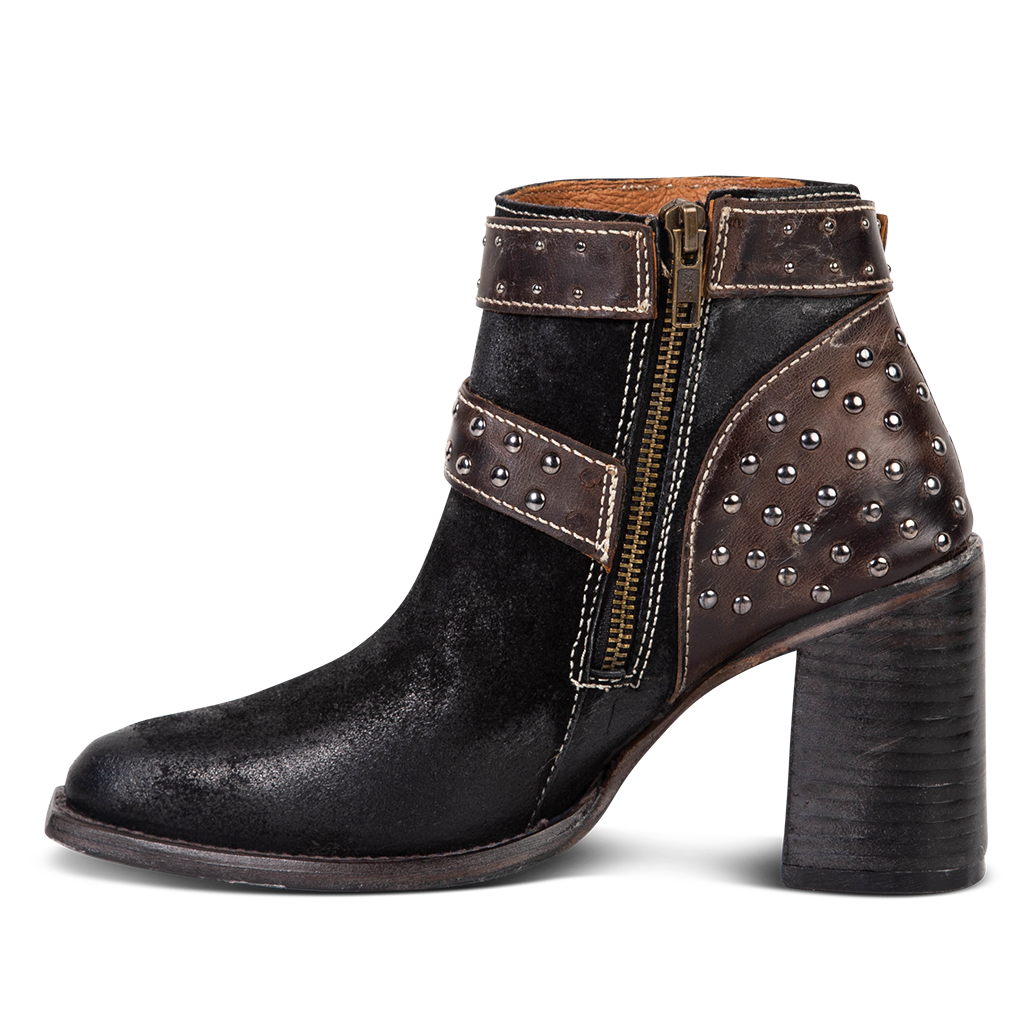 Inside view showing working brass zip closure and contrasting leather detailing on FREEBIRD women's Jovi black suede bootie