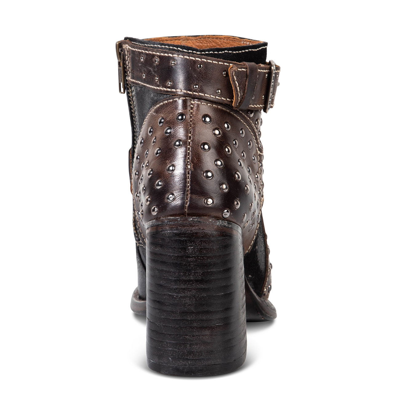 Back view showing stacked flare heel and silver stud accents on FREEBIRD women's Jovi black suede bootie