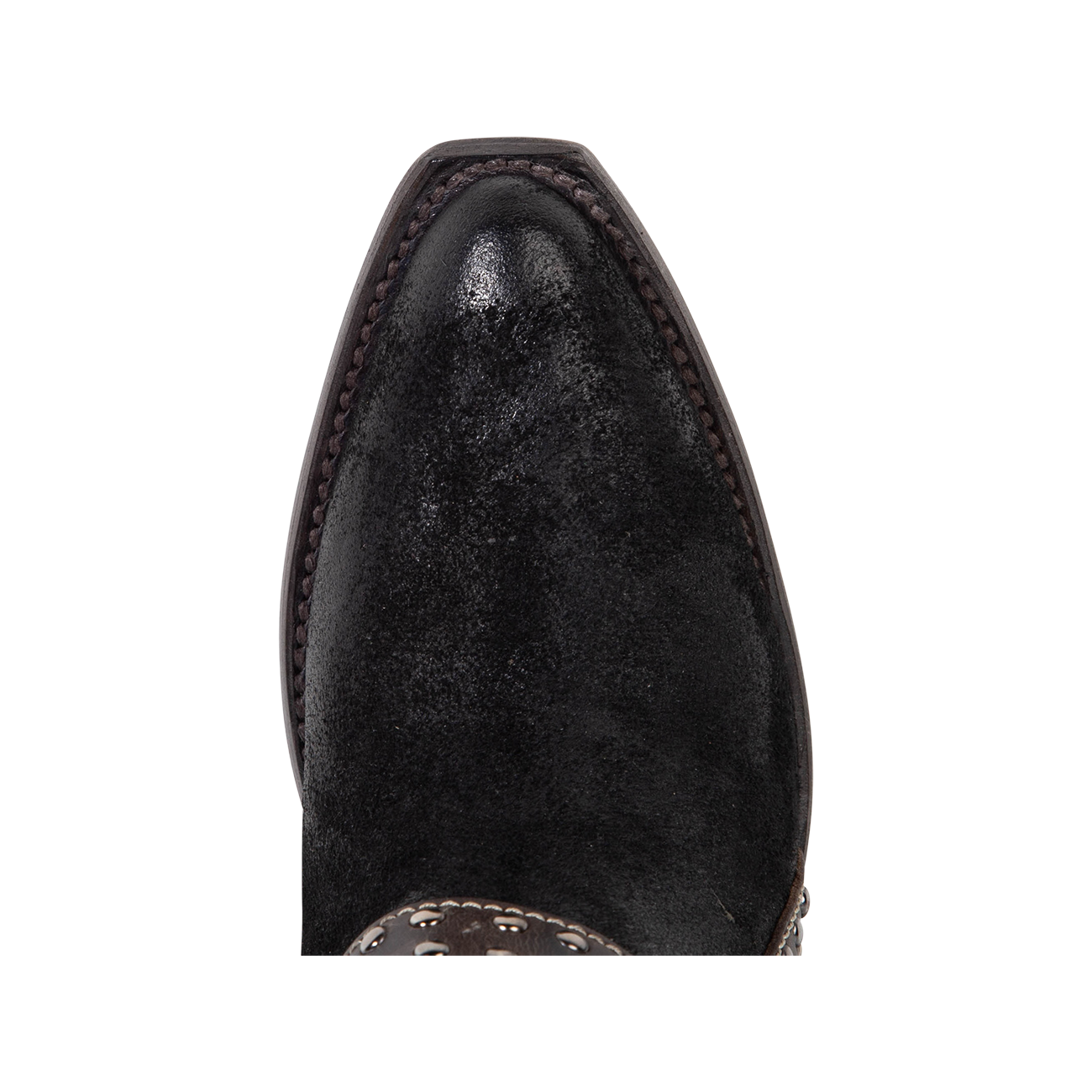 Top view showing pointed toe construction on FREEBIRD women's Jovi black suede bootie