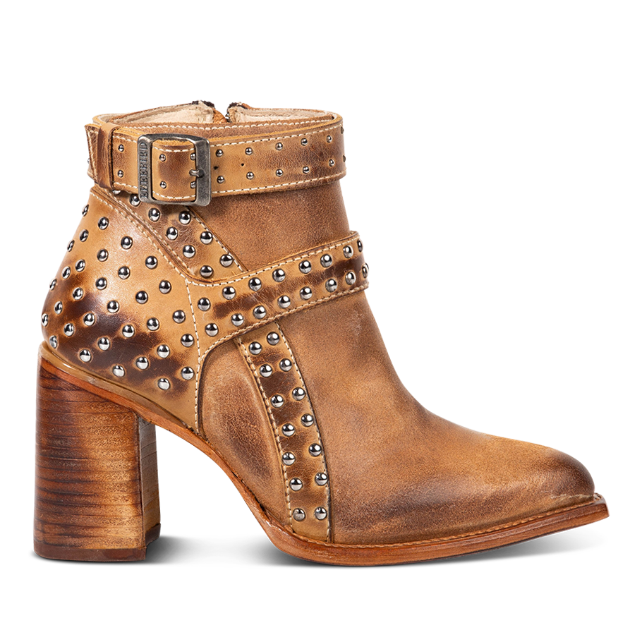 FREEBIRD women's Jovi cognac suede bootie with inside zip closure, flare heel, and stud detailing 