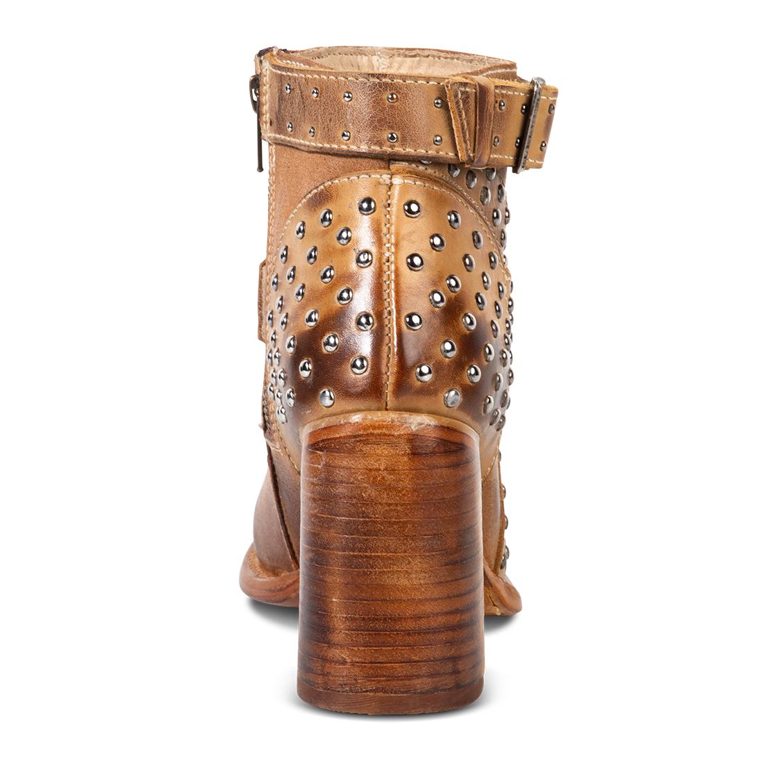 Back view showing stacked flare heel and silver stud accents on FREEBIRD women's Jovi cognac suede bootie