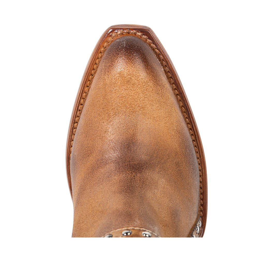 Top view showing pointed toe construction on FREEBIRD women's Jovi cognac suede bootie