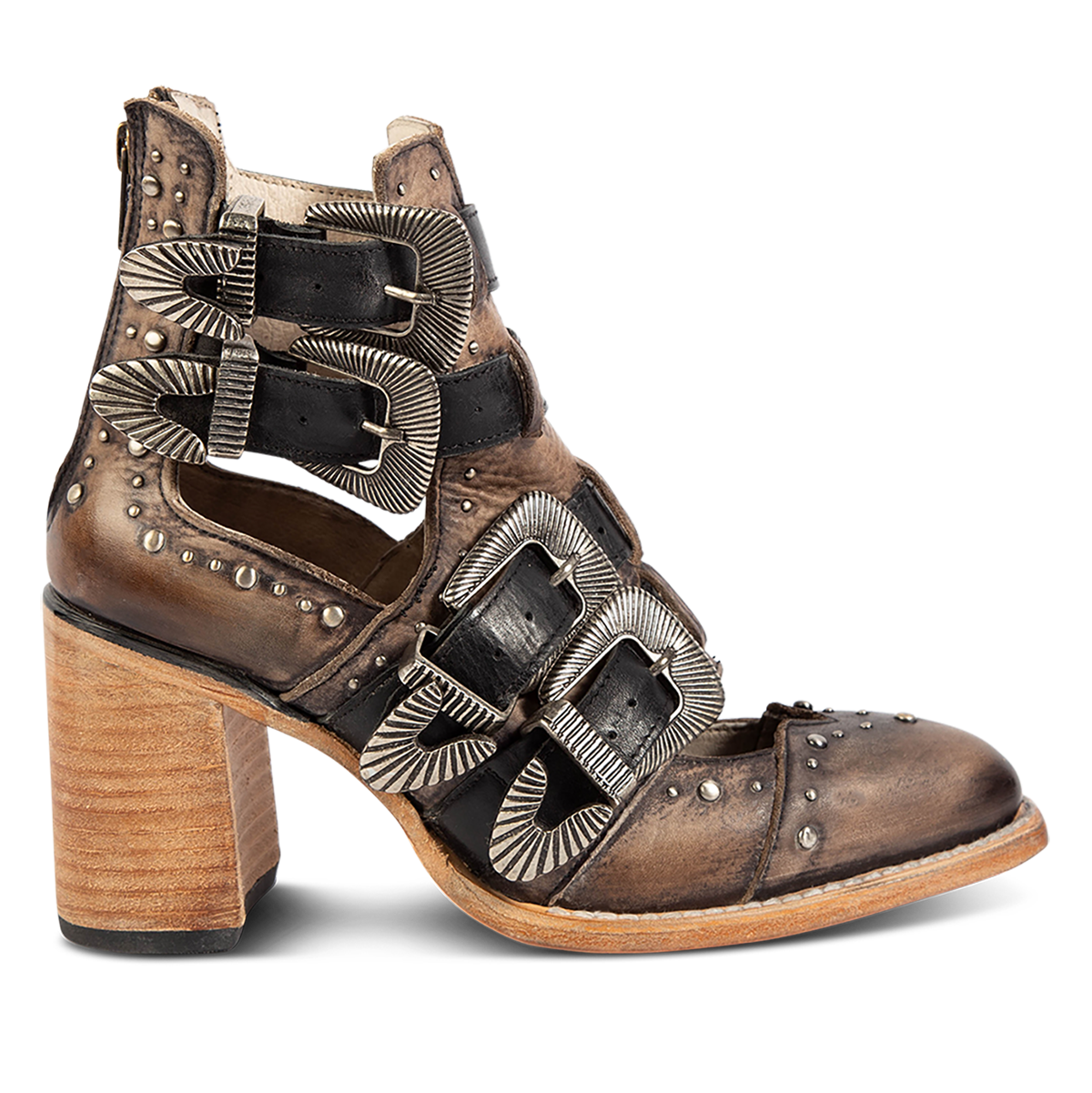 FREEBIRD women's Judge black leather bootie with engraved belts, contrating metal embellishments and a stacked heel
