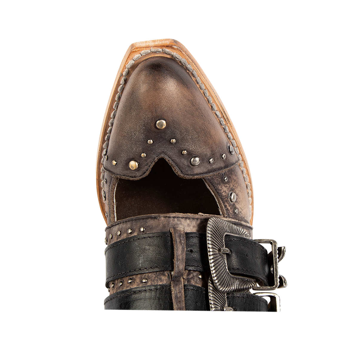 Top view showing a pointed toe and adjustable engraved buckles on FREEBIRD women's Judge black leather bootie