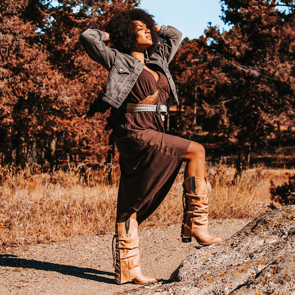 FREEBIRD women's Jules beige leather high flare heel western boot with stitch detailing and back lacing lifestyle image