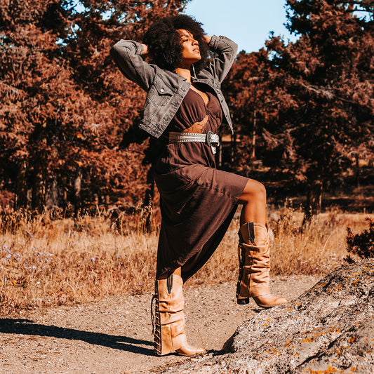 FREEBIRD women's Jules beige leather high flare heel western boot with stitch detailing and back lacing lifestyle