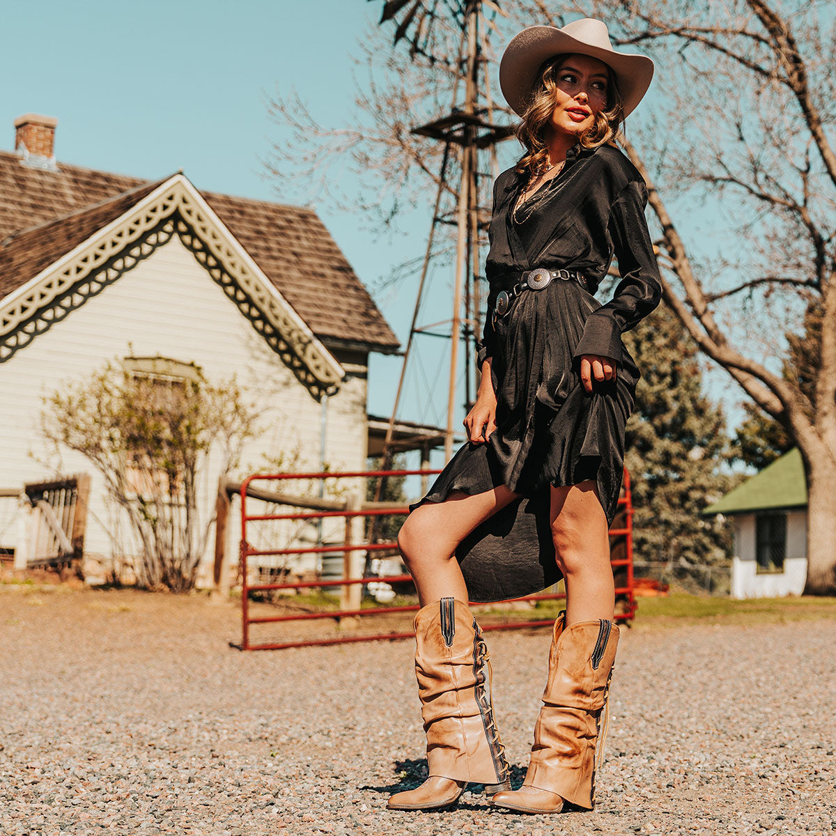 FREEBIRD women's Jules beige leather high flare heel western boot with stitch detailing and back lacing lifestyle