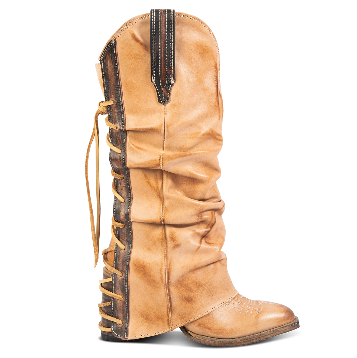 FREEBIRD women's Jules beige leather high flare heel western boot with stitch detailing and back lacing