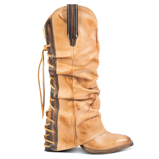 FREEBIRD women's Jules beige leather high flare heel western boot with stitch detailing and back lacing