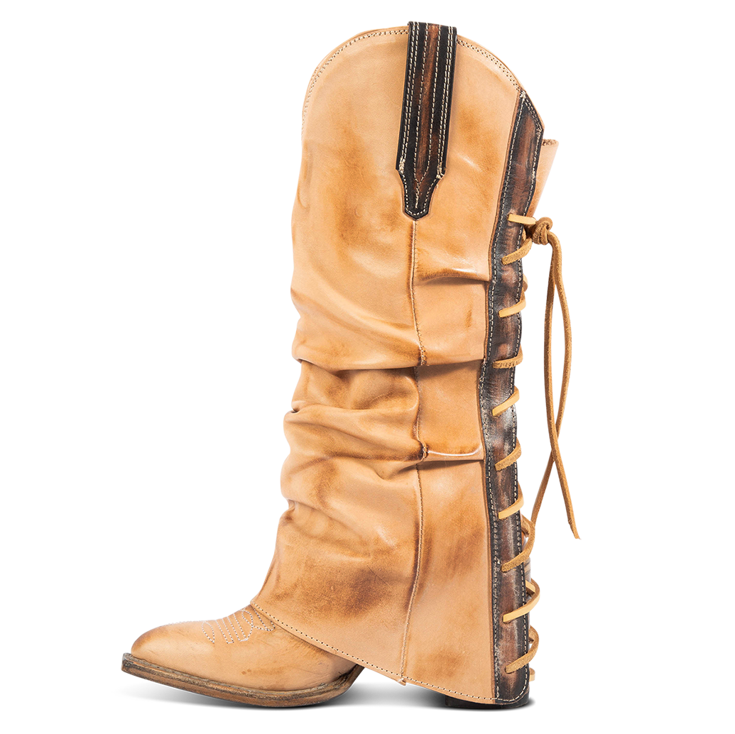 Front view showing relaxed overlay and pull strap on FREEBIRD women's Jules beige leather high flare heel western boot