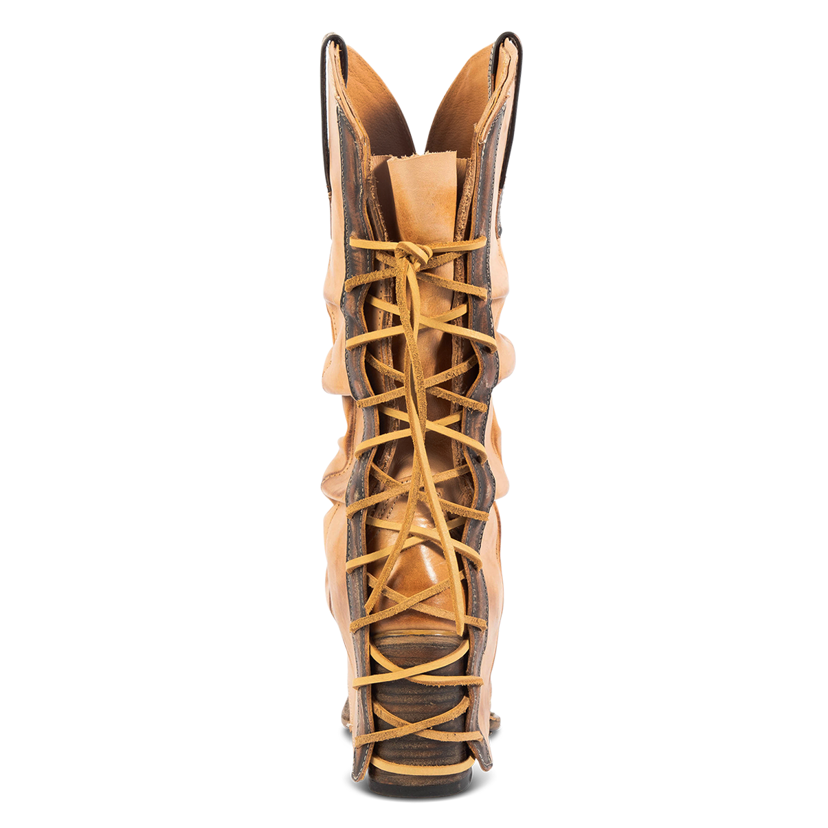 Back view showing leather lacing panel on FREEBIRD women's Jules beige leather high flare heel western boot